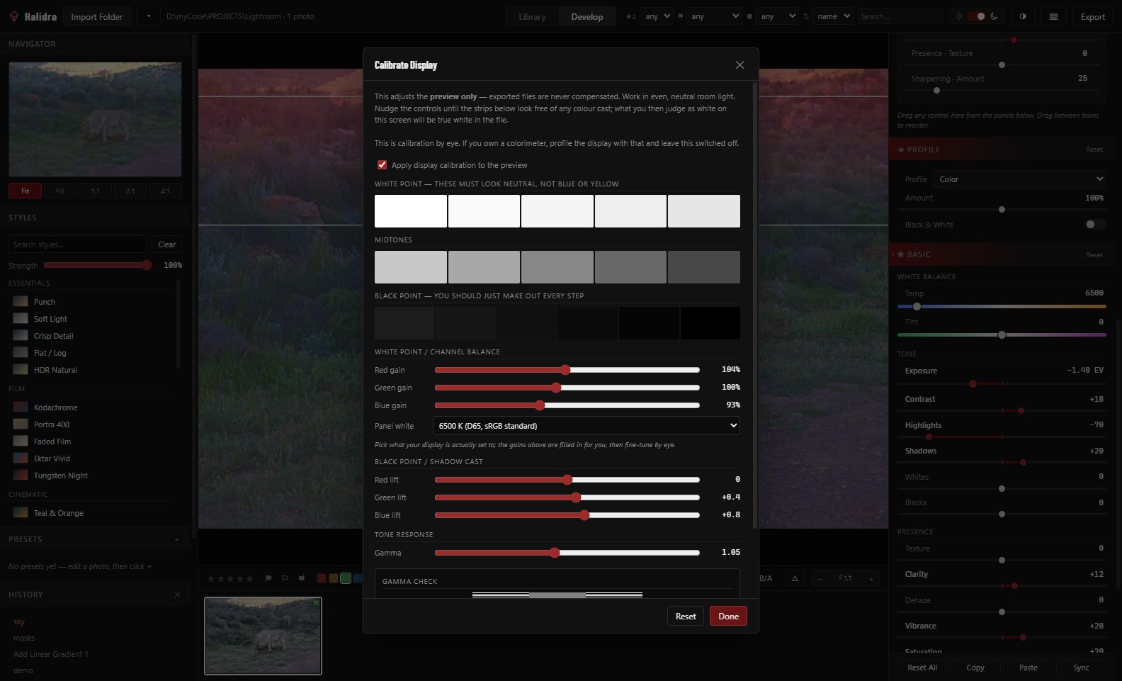 Halidra's Calibrate Display dialog, showing white point, midtone and black point strips plus red/green/blue gain sliders and a gamma check bar.