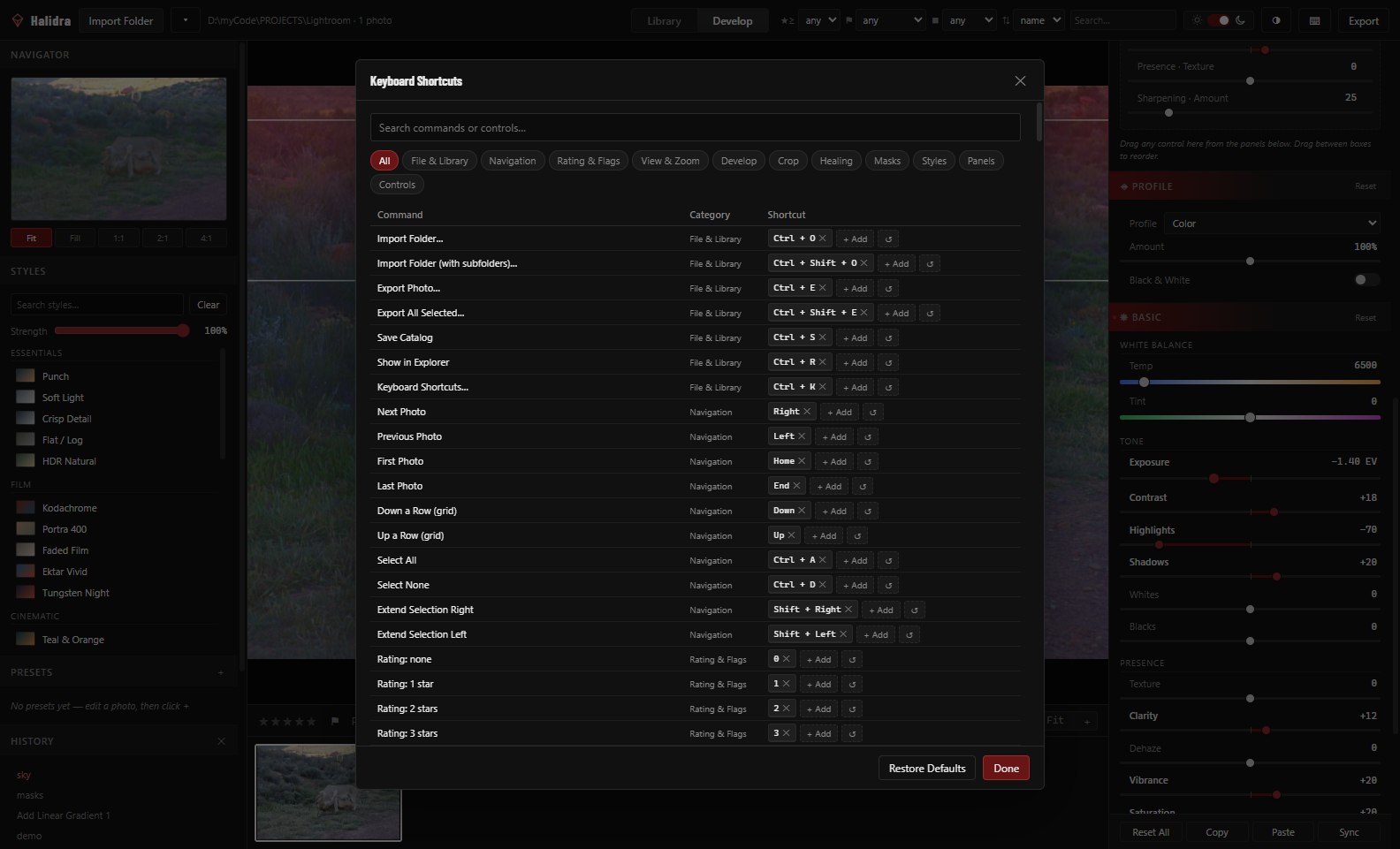 Halidra's Keyboard Shortcuts editor, listing commands such as Import Folder, Export Photo and navigation shortcuts with their current key bindings.